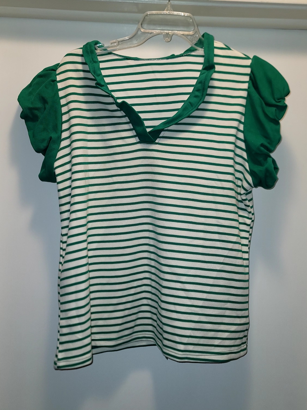 Green and White Striped Puff Sleeve Top L